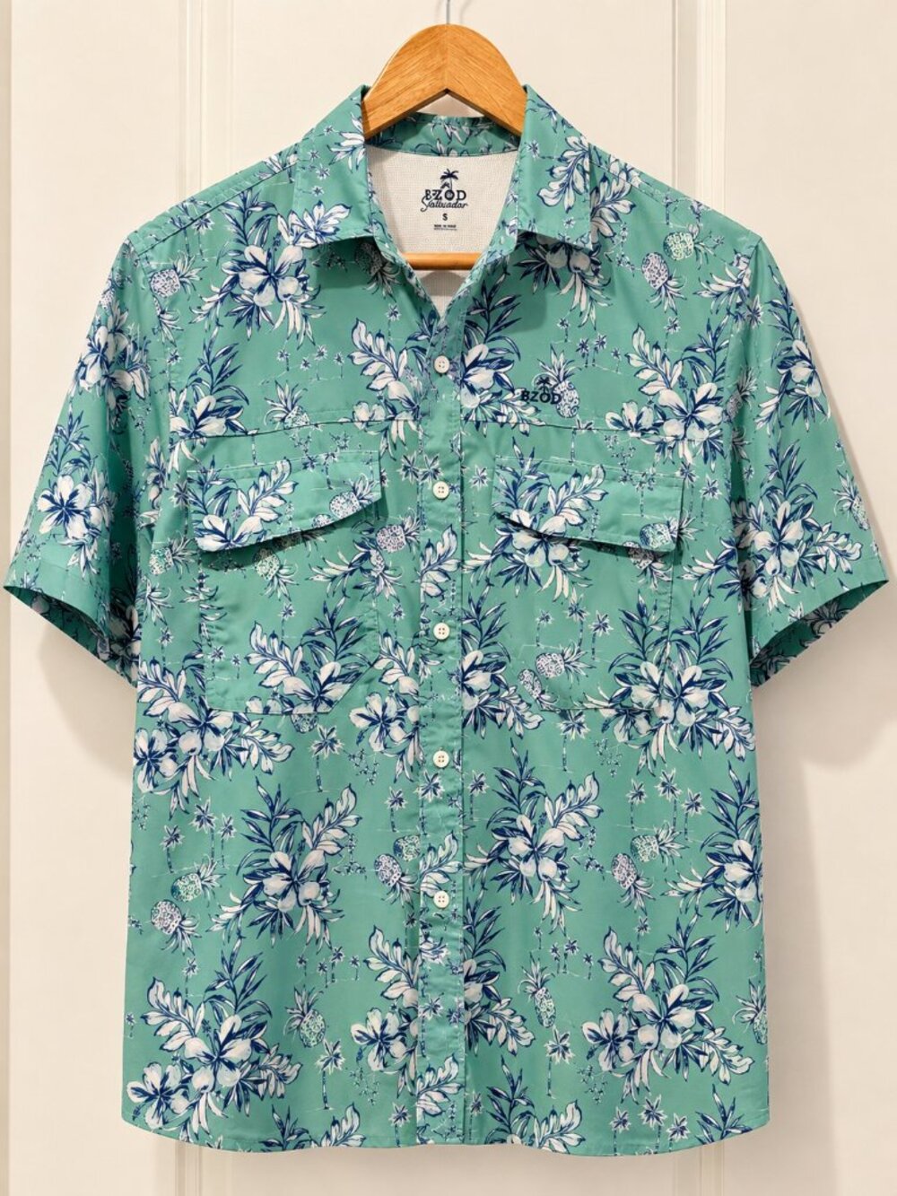 IZOD Saltwater Green Tropical Floral Vented Shirt Mens S